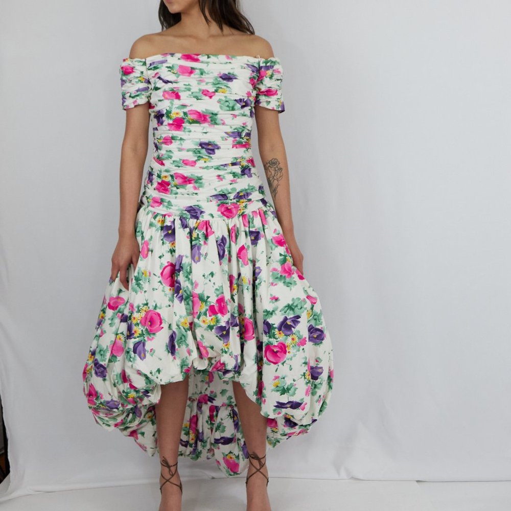 Vintage Floral Flower Off shoulder Ruched Puff Victor Costa Kentucky Derby dress